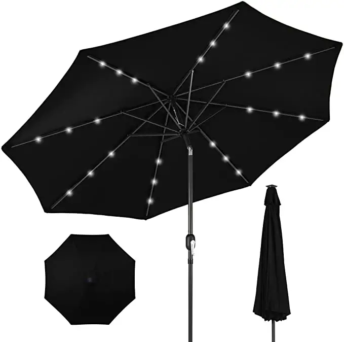 10ft Solar Powered Aluminum Polyester LED Lighted Patio Umbrella w/Tilt Adjustment and Fade-Resistant Fabric - Black