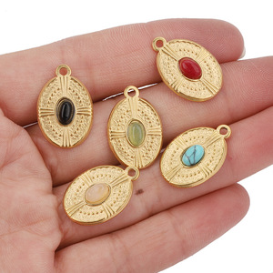 Pendentif ovale en acier inoxydable avec incrustation de pierres naturelles turquoise, rouge, noir et vert pour la fabrication de boucles d'oreilles, accessoires de bijouterie H1322 - Product Image 2