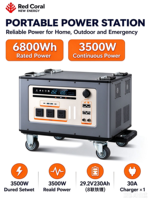 Centrale Électrique Portable OEM 3500W 6800Wh 29.2V DC au Lithium Fer Phosphate, Générateur Solaire avec Roues et Onde Sinusoïdale Pure