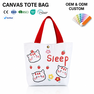 Custom Heat Transfer Cotton Tote Bag Cartoon Letter <b>Medium</b> Reusable Shopping <b>Handbag</b> Button Closure Shoulder Carry Gift Daily - Product Image 1