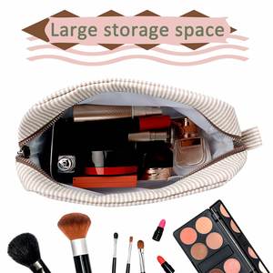 Travel <b>Toiletry</b> Stripe Makeup Bag, Large Women Aesthetic Organizer <b>Storage</b> Pouch - Product Image 4