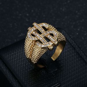 Hip Hop <b>Ring</b> Men's Golden Dollar Symbol <b>Titanium</b> Steel Pave Setting Jewelry Gift - Product Image 2