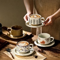 Tasse à café en céramique de style japonais BAMBUS avec motif de feuilles, avec soucoupe, pour micro-ondes, lave-vaisselle, usage domestique, café et mariage