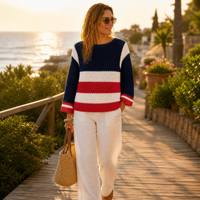Cardigan en tricot ajouré color block pour femme, rayures bleu marine, rouge et blanc, manches 3/4, cache-maillot de plage, vente en gros OEM