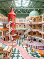 Aire de jeux intérieure géante sur le thème du château pastel rêveur Hanlin HL-06-16 avec toboggan tubulaire, trampoline et piscine à balles (certifiée CE) pour 200 enfants