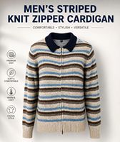 Suéter de Hombre a Rayas con Cuello Camisero y Cierre de Cremallera, Manga Larga, Tejido Estándar, Antiarrugas, Antibolitas, Informal, para Otoño e Invierno