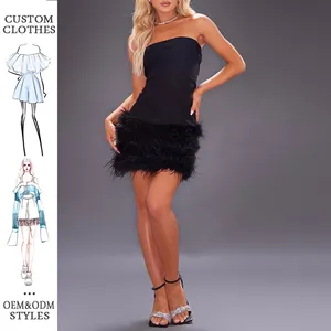 Son moda seksi kapalı omuz Slim Fit parti kulübü siyah Faux tüy detay Bandeau Bodycon Mini elbise