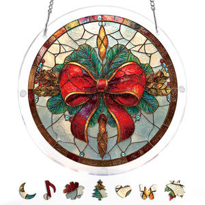Round Stained Glass Suncatcher Christmas Bow <b>Ornament</b> Traditional Window Hanging Decor with <b>Red</b> Ribbon and Green Leaves Design - Product Image 4