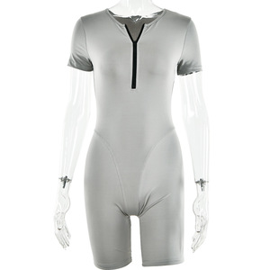 Combinaison moulante zippée pour femme, col en V profond, haute élasticité, extensible, manches courtes, gris clair, noir, vert, vêtements de sport - Product Image 5