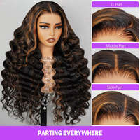 Megalook 13x4 Lace Frontal 30 pouces avec mèches # Perruque en cheveux humains 1BP30 Body/Deep/Loose Wave, nœuds invisibles, ligne de cheveux naturelle