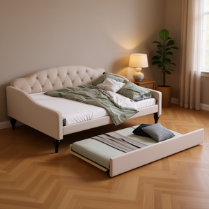 Lit de repos capitonné beige pleine grandeur avec lit gigogne double, mobilier de salon - Product Image 2