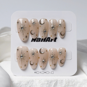 <span class=keywords><strong>Faux</strong></span> ongles à presser personnalisés en acrylique, motif étoile et lune, faits main, style bohème, forme amande, réutilisables, à coller sur les doigts - Product Image 5