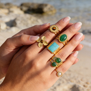 Bagues tendance en acier inoxydable plaqué or 18 carats avec incrustation de pierres naturelles, motif floral géométrique, bijoux unisexes, cadeau - Product Image 1