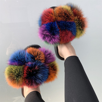 Sandales d'extérieur à bout ouvert en fourrure de renard, fourrure moelleuse multicolore avec six pompons, coloris assortis, pour femme, collection printemps, direct usine