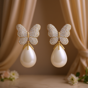 Orecchini Pendenti a Farfalla E3547 in Oro Bianco con Perle Coltivate AAA di Forma Barocca, Gioielli di Lusso da Sposa per Donne - Product Image 2