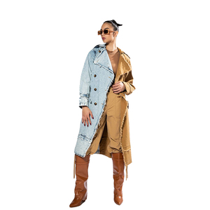 Invernale a maniche lunghe con risvolto doppio petto sfilacciato orlo mezzo acido lavaggio Denim con classico Trench cappotto al ginocchio da <span class=keywords><strong>donna</strong></span> - Product Image 2