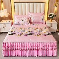 Parure de lit en soie glacée taille Queen/King, dentelle, été, style parisien, mer de fleurs, 3 pièces, 2 taies d'oreiller + jupe de lit