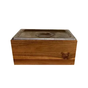 Contenedor de compost de encimera de cocina al por mayor con tapa y caja de madera de acacia con inserto de acero inoxidable