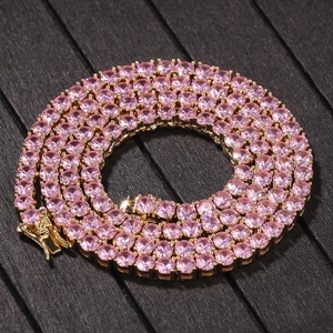 Collana Tennis Hiphop Nuova Moda di Tendenza con Zircone Rosa Splendente Intarsiato in Ottone da 4mm, Collana Gioiello per <span class=keywords><strong>Amanti</strong></span>, Collana Versatile - Product Image 1