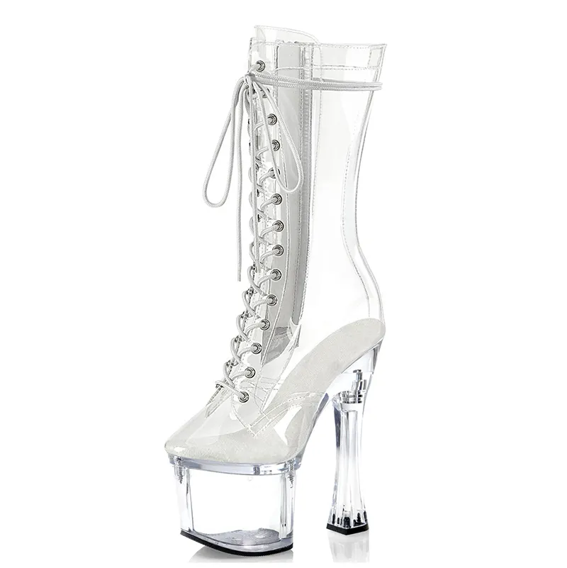 Transparent 18cm high heel boots nightclub Women transparent Pole Dance Shoes crossdressers platform fashion women's ankle boots