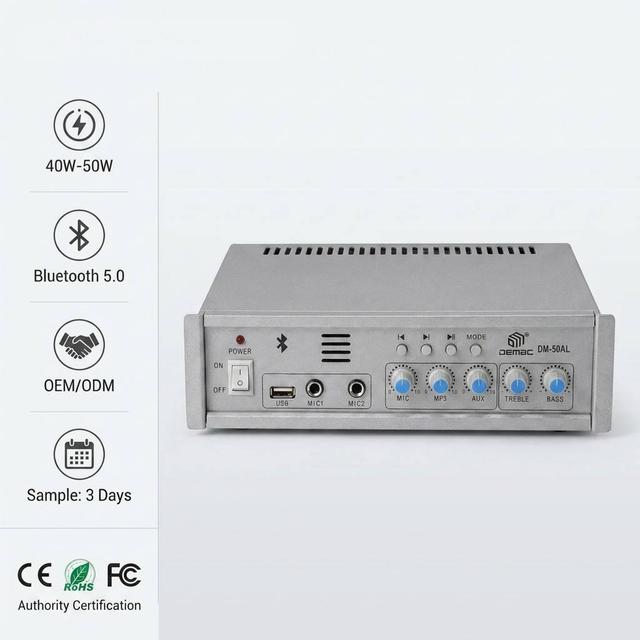 40W 50W Mini PA Amplifier with Bluetooth USB SD MP3 Player Compact Audio Mixing Amplifier for Cafe Shop School 110V/4-16ohm
