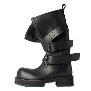 Stivali da Moto con Punta Arrotondata e Tacco Alto in Vera Pelle con Tripla Fibbia per Donna, Vendita all'Ingrosso OEM ODM - Product Image 1