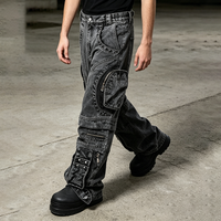 Jeans cargo personnalisés de haute qualité en denim épais, coupe ample, jambe large, multi-poches, lavage vintage, streetwear, jeans baggy pour hommes