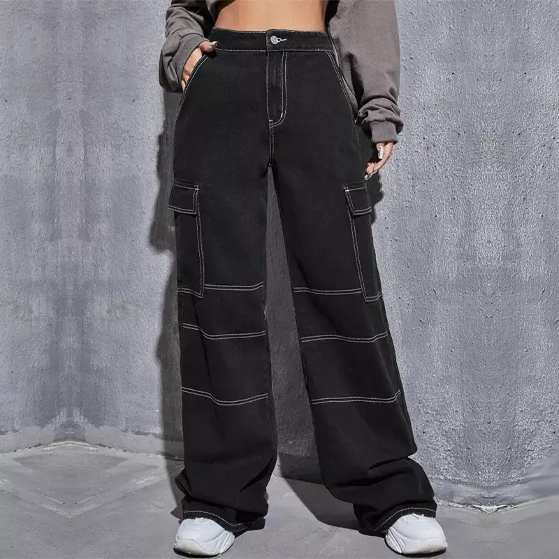 Custom Side Pockets Black Straight Legging boyfriend jeans for women Zipper Fly female Denim Jeans