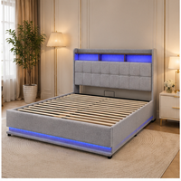 Lit moderne avec cadre hydraulique LED et tête de lit avec étagère, lit rembourré en lin gris avec éclairage RGB et rangement, taille King/Queen