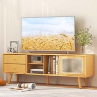 Table console en bambou moderne avec porte en rotin PE et 2 tiroirs pour téléviseurs jusqu'à 65 pouces dans la maison salon chambre salle à manger