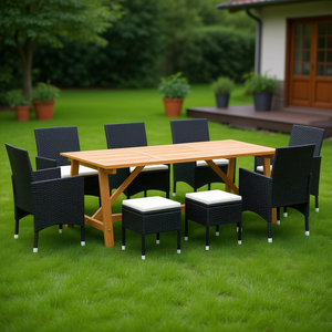 Black <b>Rattan</b> Garden <b>Dining</b> Set With Teak <b>Table</b> 6 Seater Outdoor Furniture Weather Resistant Contemporary Design - Product Image 2