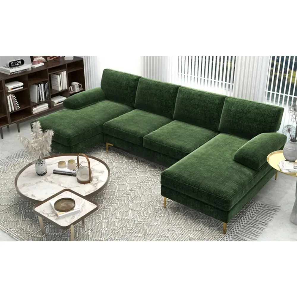 High Quality fashionable elegant atmosphere Soft Minimalist villa 5seater green velvet gold metal leg U shape sofa