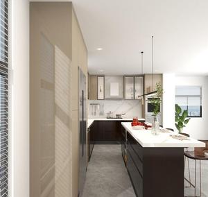 Îlot de <span class=keywords><strong>cuisine</strong></span> BAILOM personnalisable, moderne, écologique, en bois noir et blanc, avec comptoir en quartz et réfrigérateur encastré - Product Image 3