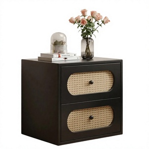 Delanto Italian <b>Minimalist</b> Wooden <b>Bedside</b> <b>Table</b> with 2 Drawers-Modern Cream Black Leather for Apartment & Hotel Use - Product Image 4