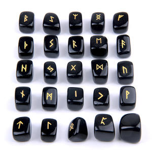 Groothandel Natuursteen Zwart Obsidiaan Goud Vulling Kleur Futhark Gegraveerde Runen Set - Product Image 1