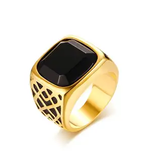Vintage Mens Engagement Ring Black Agate Stone Gold Plated Stainless Steel Ring for Men Gifts