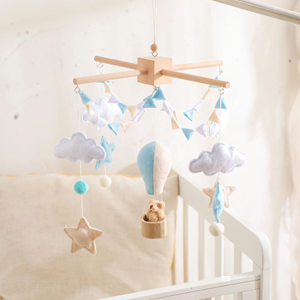 Mobile <span class=keywords><strong>musical</strong></span> pour berceau en bois, avec étoiles, lunes, ballons et décoration montgolfière, jouet doux - Product Image 1