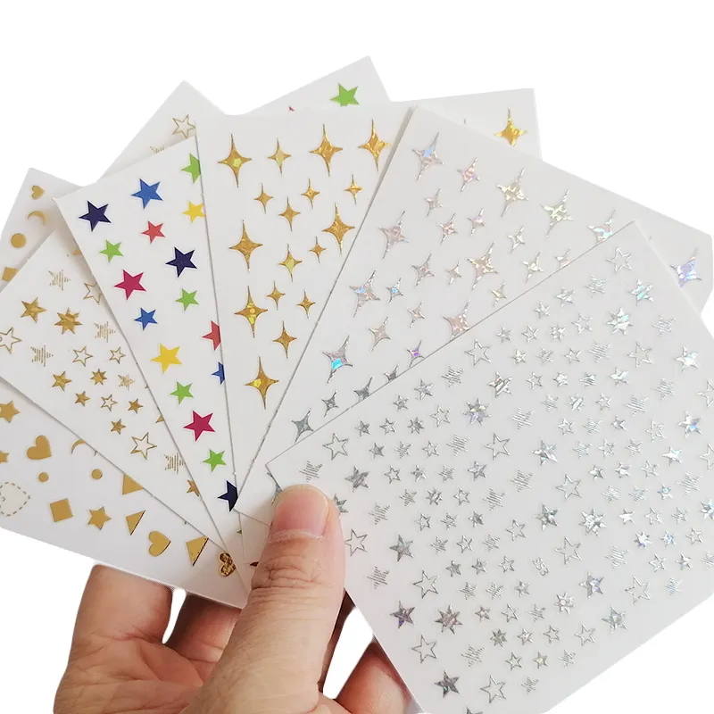 Ultra Thin Waterproof Self Adhesive 3D Nail Decals Holographic Gold Silver Star Moon Heart Nail Stickers for Manicure