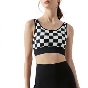 Women <b>Checkered</b> Sports Bra Scoop Neck Medium Support Breathable Yoga <b>Top</b> Spandex Polyester Non-Convertible Straps - Product Image 1