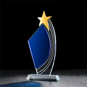 Wholesale glass plaque with gold star blue accent crystal award for souvenir gifts