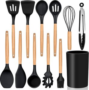 Juego de utensilios de cocina de silicona de grado alimenticio con mango de madera natural, utensilios de cocina - Product Image 1