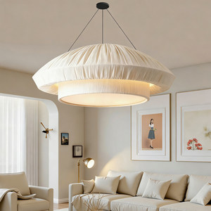 Lustre de style vintage français, 80 cm, 100 cm, luminaire suspendu rond en tissu pour salon, décoration intérieure, éclairage chaud et crémeux - Product Image 2