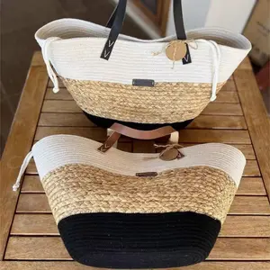 Summer Beach Tote Bag cotton + seagrass Straw Shoulder Bag With Pu Leather Handle For Women