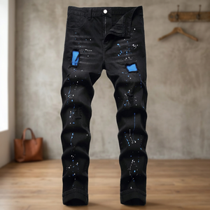 Jeans Negros para Hombre, Corte Recto, Ajustados, con Diseño Desgastado y Salpicaduras de Pintura Azul, Estilo Urbano, Mezclilla de Peso Medio - Product Image 4