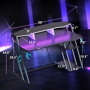 Bàn chơi game máy tính hiện đại bán buôn tùy chỉnh với giá đỡ <span class=keywords><strong>CPU</strong></span>, bàn chơi game PC bằng kim loại màu đen với đèn RGB/móc treo tai nghe/giá đỡ cốc - Product Image 3