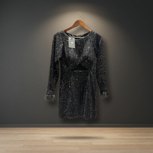 Robe de maternité à sequins, taille naturelle, finition scintillante, silhouette asymétrique élégante, longueur midi, pour soirées et clubs - Product Image 2
