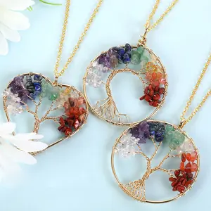7 Chakras natural chip stone pendant necklace Wire Wrapped Tree Of Life Natural healing Crystal gemstone Pendants necklace