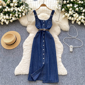 2025 francés Vintage Denim Pinafore <span class=keywords><strong>mujer</strong></span> verano correas ajustables botón abajo cintura <span class=keywords><strong>vestido</strong></span> ajustado - Product Image 1