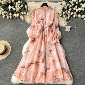 Nueva moda francés Retro impreso teñido gasa <span class=keywords><strong>Couture</strong></span> Vestido de manga larga Slim Fit Seaside Resort vestido para mujer - Product Image 6