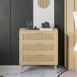 Golden Wood Modern <b>Bedside</b> <b>Table</b> with 3 Drawers <b>LED</b> Lighting-Large Storage Night Stand for Bedroom Apartment Living Room & Hotel - Product Image 3